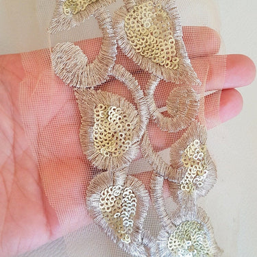 Beige Net Trim With Antique Silver Thread And Sequins Embroidery, Approx. 95mm Wide